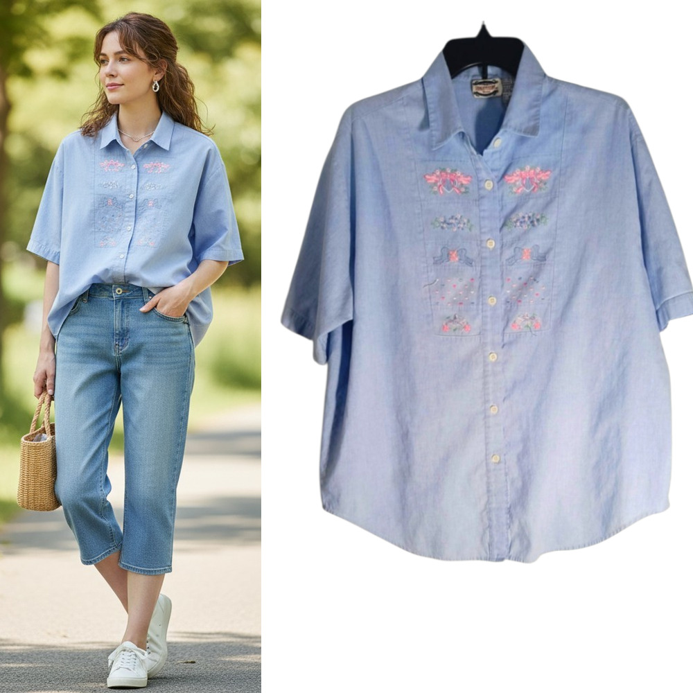 VTG Separate Issue Woman Embroidered Chambray Shirt 18W Blue Short Sleeve 90s